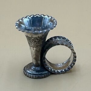 Rare antique silver plate etched napkin ring with attached vase